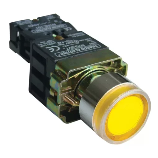 Tracon NYGBW3571S Világító nyomógomb, fémalap, előtét, sárga, glim,izzó nélk. 1×NO, 3A/230V AC, 130V, IP42