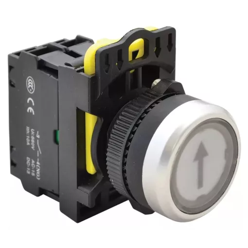 Tracon NYK3-P3L Jelölt, világító nyomókapcsoló, fehér, (fekete nyíl) 1×NO, 5A/230V AC-15, IP65, LED 230V AC/DC