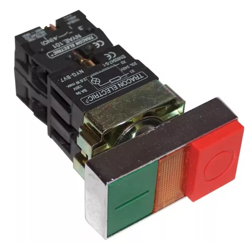 Tracon NYKK8375 Kettős BE-KI nyomógomb, fémalap, zöld+piros jelzőfény 1×NC+1×NO, 3A/230V AC, IP42