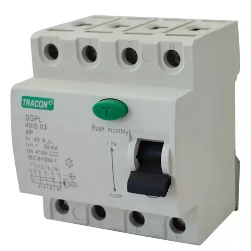 Tracon RB4-63030, Áram-védőkapcsoló, 4 pólusú 63A, 30mA, 4,5 kA, 4P