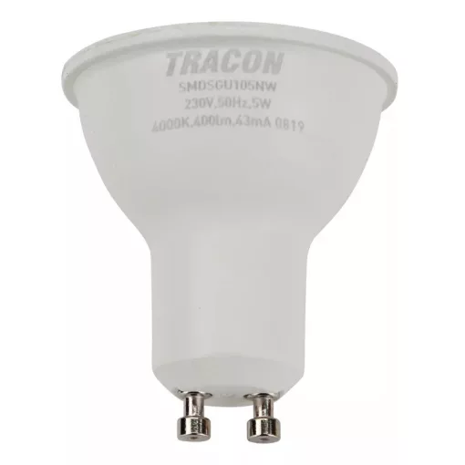 Tracon SMDSGU105NW, Műanyag házas SMD LED spot fényforrás SAMSUNG chippel 230V,50Hz,GU10,5W,400lm,4000K,120°,SAMSUNG chip,