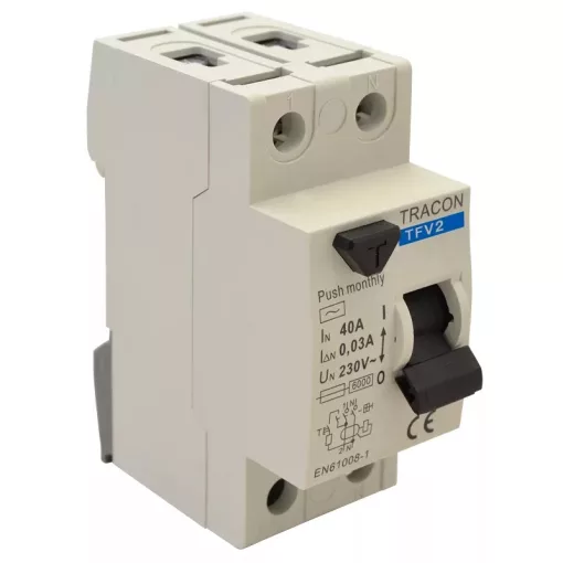 Tracon TFV2-25100, Áram-védőkapcsoló, 2 pólusú 25A, 100mA, 6kA, AC