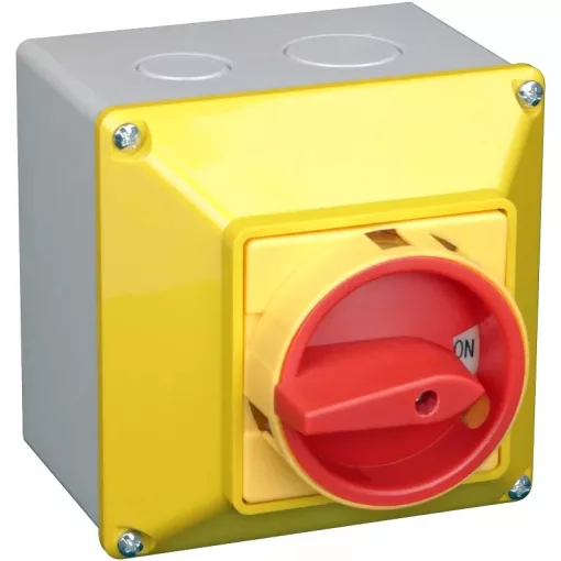 Tracon TKFL-20T65S Tokozott főkapcsoló, lakatolható, sárga fedéllel, BE-KI 400V, 50Hz, 20A, 4P, 5,5kW, 48×48mm, IP65