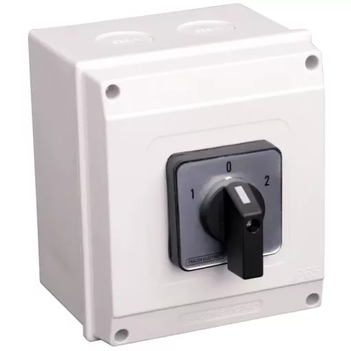 Tracon TKM-63/NT65 Tokozott közvetlen irányváltó motorkapcsoló, 1-0-2 400V, 50Hz, 63A, 18,5kW, 64×64mm, IP65