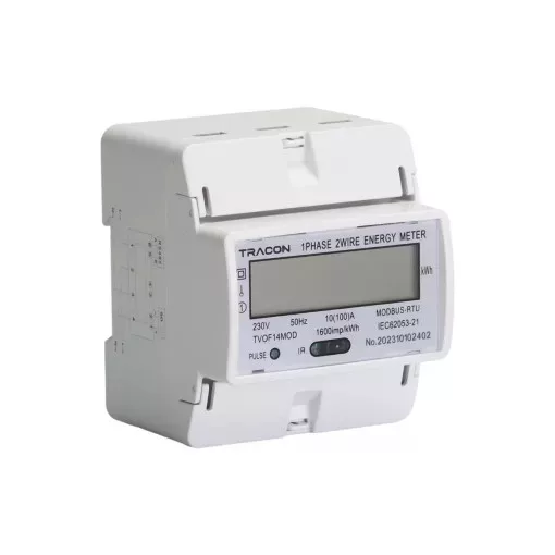 Tracon TVOF14MOD LCD kijelzésű fogyasztásmérő,közvetlen, MODBUS, 1F, 4 modul 230VAC / 10(100)A