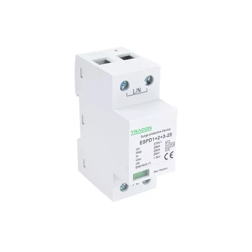 Tracon ESPD1+2+3-25-1P T1+T2+T3 AC típusú túlfeszültség levezető, egybeépített Uc:275V; Iimp:25kA; In:25kA; Uoc:20kV; Up:1,3kV; 1P