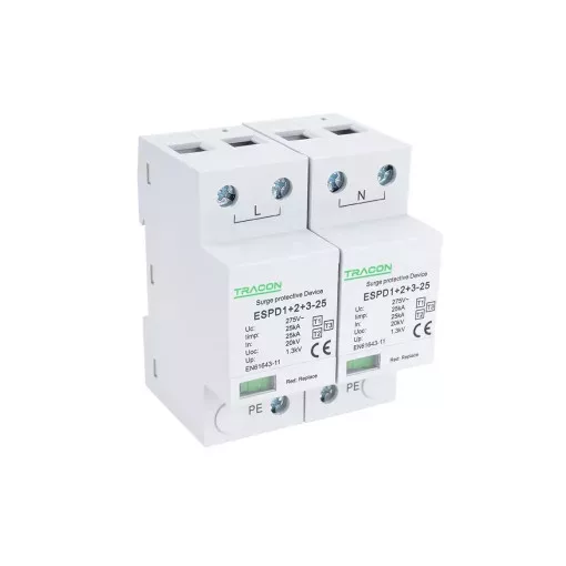 Tracon ESPD1+2+3-25-2P T1+T2+T3 AC típusú túlfeszültség levezető, egybeépített Uc:275V; Iimp:25kA; In:25kA; Uoc:20kV; Up:1,3kV; 2P