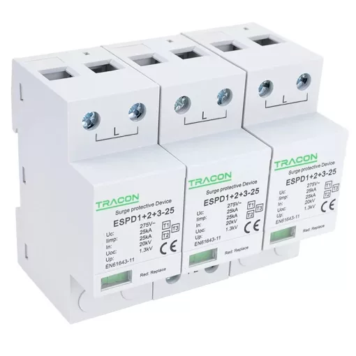 Tracon ESPD1+2+3-25-3P T1+T2+T3 AC típusú túlfeszültség levezető, egybeépített Uc:275V; Iimp:25kA; In:25kA; Uoc:20kV; Up:1,3kV; 3P