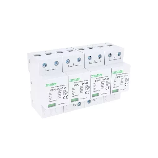 Tracon ESPD1+2+3-25-4P T1+T2+T3 AC típusú túlfeszültség levezető, egybeépített Uc:275V; Iimp:25kA; In:25kA; Uoc:20kV; Up:1,3kV; 4P