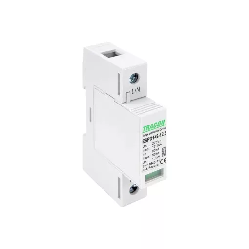 Tracon ESPD1+2-12.5-1P T1+T2 AC típusú túlfeszültség levezető, cserélhető betéttel Uc:275V; Iimp:12,5kA; In:20kA; Imax:50kA; Up:1,3kV; 1P
