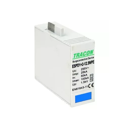 Tracon ESPD1+2-12.5NPE T1+T2 AC típusú túlfeszültség levezető betét 12.5 NPE Uc:275V; Iimp:12,5kA; In:20/40kA; Imax:50kA; Up:1,3kV