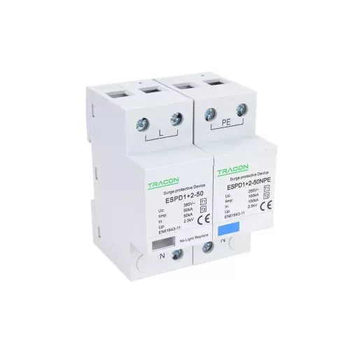 Tracon ESPD1+2-50-1+1P T1+T2 AC típusú túlfeszültség levezető, egybeépített Uc:385V; Iimp:50/100kA; In:50/100kA; Up:2,5kV; 1+1P