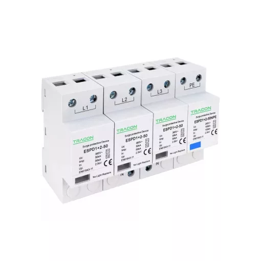 Tracon ESPD1+2-50-3+1P T1+T2 AC típusú túlfeszültség levezető, egybeépített Uc:385V; Iimp:50/100kA; In:50/100kA; Up:2,5kV; 3+1P