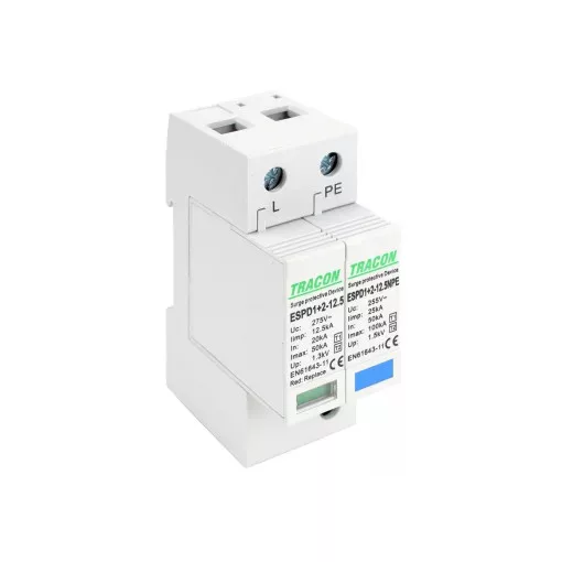 Tracon ESPD1+2-12.5-1+1P T1+T2 AC típusú túlfeszültség levezető, cserélhető betéttel Uc:275V; Iimp:12,5kA; In:20/40kA; Imax:50kA; Up:1,3kV; 1+1P