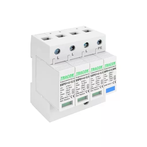 Tracon ESPD1+2-12.5-3+1P T1+T2 AC típusú túlfeszültség levezető, cserélhető betéttel Uc:275V; Iimp:12,5kA; In:20/40kA; Imax:50kA; Up:1,3kV; 3+1P