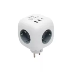   HOME CUBE1 kocka elosztó USB töltővel, 3 aljzat gyermekvédelemmel, 1db USB C, 2db  USB A, max. 3680 W