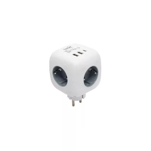 HOME CUBE1 kocka elosztó USB töltővel, 3 aljzat gyermekvédelemmel, 1db USB C, 2db  USB A, max. 3680 W