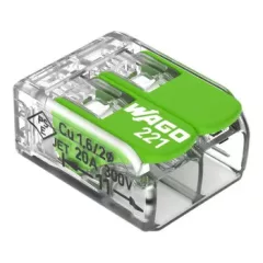   Wago 221-422 GREEN vezeték összekötő 2 x 0,2-4mm2 -es tömör és sodrott vezetékhez, oldható, lapos kivitel, átlátszó házban (újrahasznosított anyagból készült)