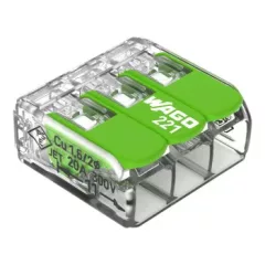   Wago 221-423 GREEN vezeték összekötő 3 x 0,2-4mm2 -es tömör és sodrott vezetékhez, oldható, lapos kivitel, átlátszó házban (újrahasznosított anyagból készült)