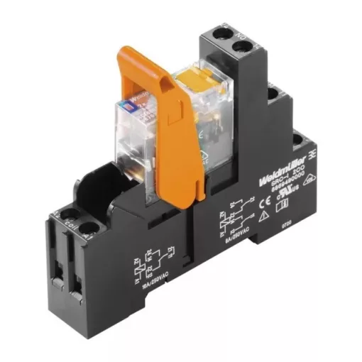 Weidmüller 8881610000 RCIKIT 24VDC 2CO LD/PB, Komplett relé 2 váltóérintkező (CO) AgNi 90/10,vizsgálógombbal, 24V DC vezérlőfeszültség, 8A folytonos áram, csavaros csatlakozás (Riderseries)