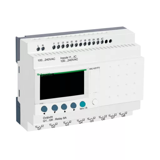 SCHNEIDER SR2A201FU PLC vezérlőrelé Zelio Logic | 20 I/O, 100–240 VAC, kijelzővel