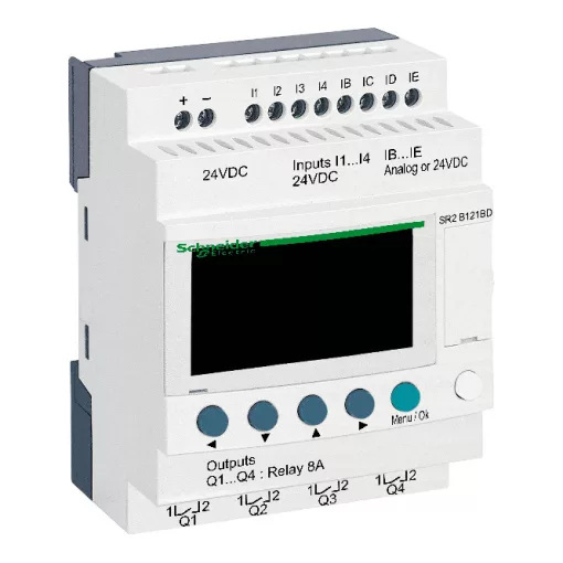 SCHNEIDER SR2B121BD PLC vezérlőrelé Zelio Logic | 12 I/O, 24 VDC, kijelző, óra, relékimenet