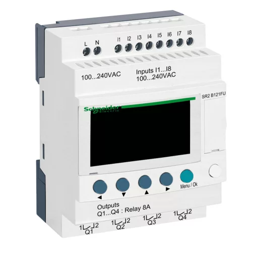 SCHNEIDER SR2B121FU PLC vezérlőrelé Zelio Logic | 12 I/O, 100–240 VAC, kijelző, óra