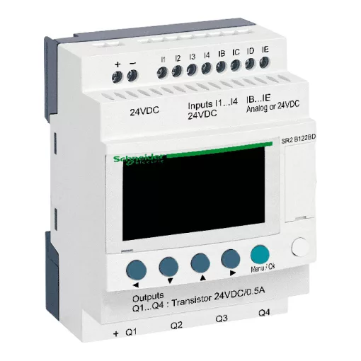 SCHNEIDER SR2B122BD PLC vezérlőrelé Zelio Logic | 12 I/O, 24 VDC, kijelző, óra, tranzisztor kimenet