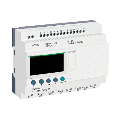 SCHNEIDER SR2B201BD PLC vezérlőrelé Zelio Logic | 20 I/O, 24 VDC, kijelző, óra, relékimenet