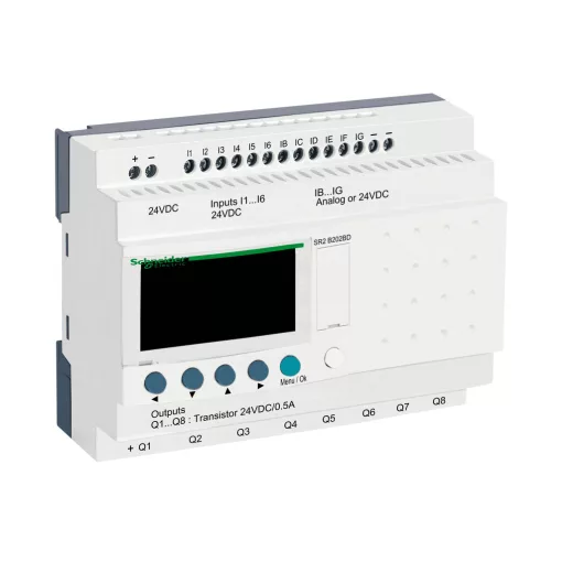 SCHNEIDER SR2B202BD SPS-vezérlőrelé Zelio Logic | 20 I/O, 24 VDC, kijelző, óra, tranzisztoros kimenet