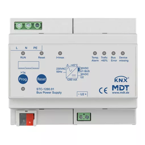 MDT STC-1280.01 KNX Buszfeszültség-tápegység | 1280 mA, diagnosztikai funkcióval