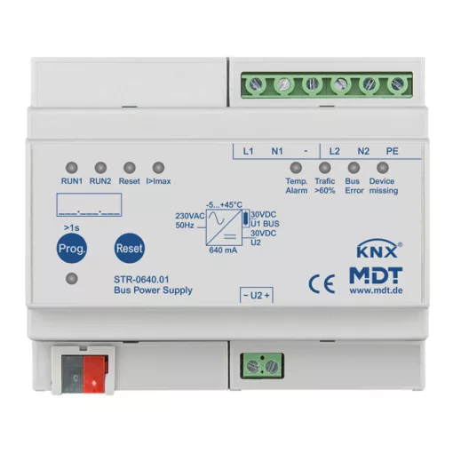 MDT STR-0640.01 KNX Buszfeszültség-tápegység | 640 mA, diagnosztikai funkcióval, redundáns