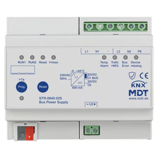 MDT STR-0640.02S KNX buszfeszültség-tápegység | 640 mA, diagnosztikai funkcióval, redundáns, Secure