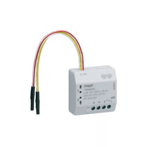 HAGER TRM693G KNX rádiófrekvenciás kapcsolóaktor UP | 1 kimenetes, 2 bemenet, 3 eres