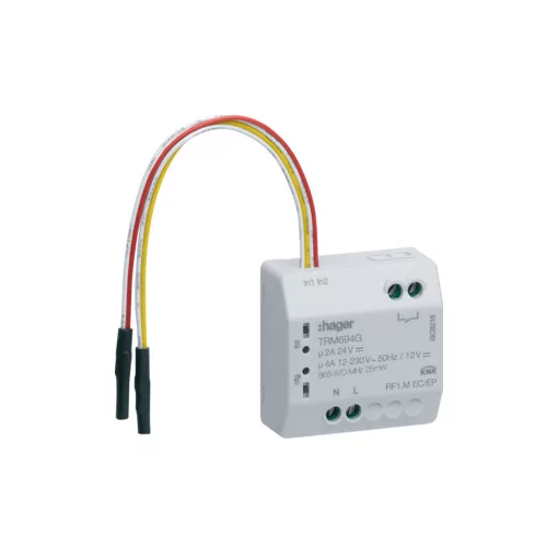HAGER TRM694G KNX rádiófrekvenciás kapcsolóaktor UP | 1 kimenetes, potenciálmentes, 2 bemenettel