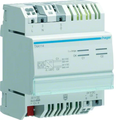 HAGER TXA114 KNX busztápegység | 320 mA & 640 mA (fojtótekercs nélkül)