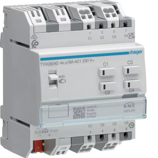 HAGER TYAS604D kapcsoló-/redőnyaktor KNX Secure | 4/2-csatornás, 16 A, C-Last