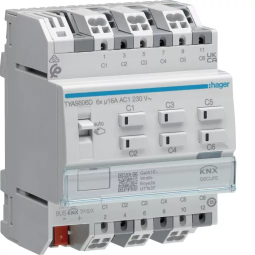 HAGER TYAS606D kapcsoló-/redőnyaktor KNX Secure | 6/3-csatornás, 16 A, C-Last
