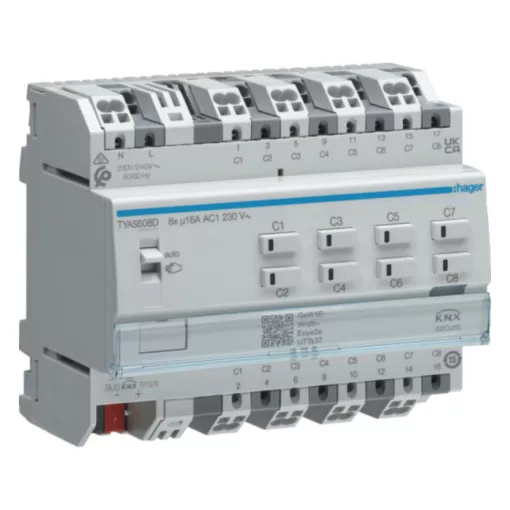 HAGER TYAS608D KNX Secure kapcsoló-/redőnyaktor | 8/4-csatornás, 16 A, C-terhelés