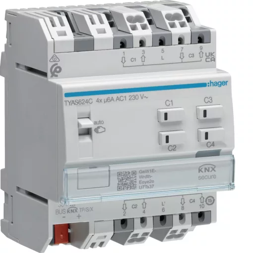 HAGER TYAS624C KNX Secure redőnyaktor | 4-csatornás, 230 V AC