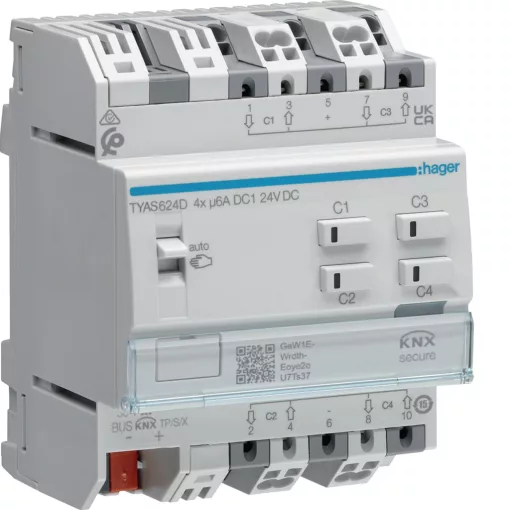 HAGER TYAS624D KNX Secure redőnyaktor | 4-csatornás, 24 V DC