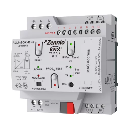 ZENNIO ZPR46V2 multifunkciós aktor ALLinBOX | 4-csatornás, 6 bemenet, 160 mA, Secure