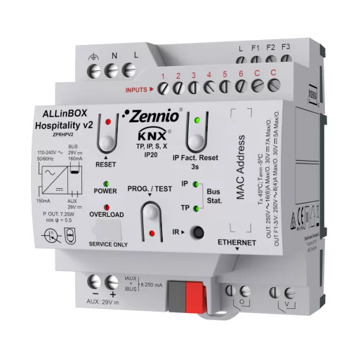 ZENNIO ZPRHPV2 KNX multifunkciós aktor ALLinBOX Hospitality | 4-csatornás, 6 bemenet, 160 mA, Secure